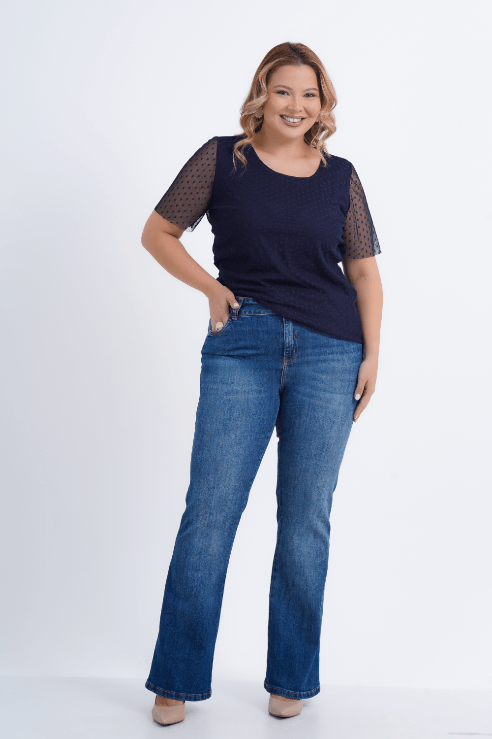 BLUSA FEMININO MANGA CURTA TULE FILÓ