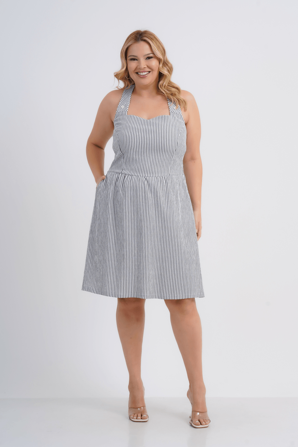 VESTIDO FEMININO MÉDIO LISTRADO ANELISE